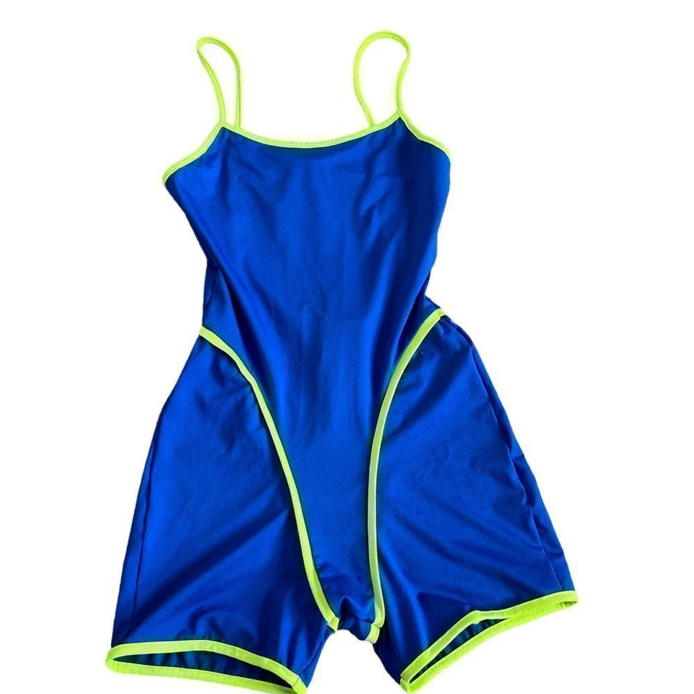 Neon green/blue biker short one piece